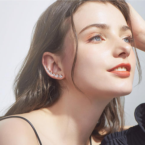 7 Crystals Ear Cuffs Stud Climbers Earrings S925 Sterling Silver Hypoallergenic Arete...