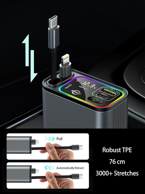 4-in-1 Retractable Car Charger - 90W Fast Car Phone Charger with Dual Retractable Cables (USB-C & iOS) and USB Ports, Compatible with iPhone 15/14...