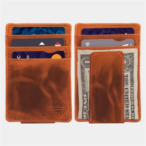 RAW HYD Men's Full-Grain Leather Slim Wallet with Money Clip - RFID Blocking, 5 Card Sleeves, Holds 15 Bills, Compact & Durable - Reddish Brown...
