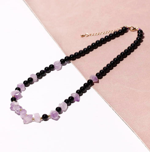 Spiritual Obsidian/Raw Amethyst Choker Necklaces for Women Adjustable Handmade Crystals and Stones Beaded Necklace...