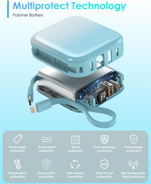 Mini Portable Charger Power Bank,22.5W 10000mAh Fast Charging Portable Phone Charger with Built in iOS and USB C Output Cable,LED Display Travel B...