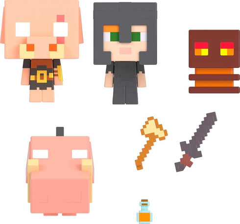 Mattel Minecraft Toys, Mob Head Mini Set with 4 Figures and Accessories, Nether Fire Battle Set, Collectible Toys for Kids...