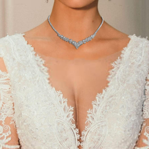 Unicra Silver Bride Necklace Earrings Set Bridal Wedding Jewelry Sets Party Rhinestone Costume Jewelry Set Crystal Choker Necklace for Women and B...