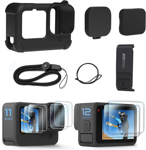 FiTSTILL Silicone Rubber Case+(6pcs) Tempered Glass Protector Compatible for Go Pro Hero12/Hero11/Hero10/Hero9 Black,Soft Sleeve Cage Housing with...