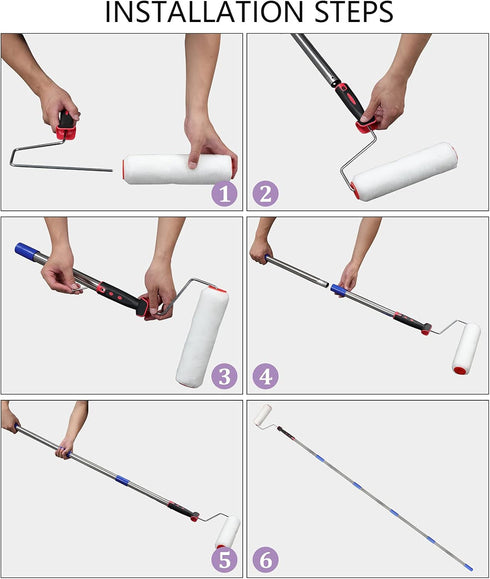 6FT Paint Roller Kits - 9.5 inches Roller Frame with 3 Paint Roller Covers and 60 inches Stainless Steel Detachable Handle - for Painting Walls an...