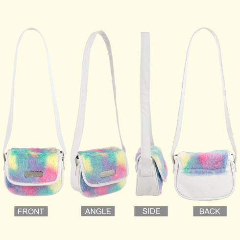 Jessica Simpson Fluffy Cute Vegan Leather Crossbody Bag Mini Coin Purse Wallet (Fuzzy Rainbow)...
