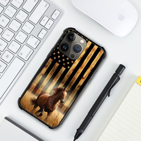 DJSOK Case Compatible with iPhone 14 Plus, Classic Wood Grain American Flag Horse case for iPhone 14 Plus for Man Boys Girls Dual Layer Shockproof...