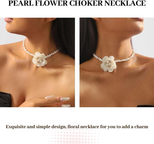 Gangel Big Flower Necklace Choker Pearl Choker Necklace White Flower Necklaces Choker Vintage Floral Choker Prom Flowers Necklace Jewelry for Wome...
