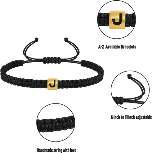 Initial Bracelets for Women Men Woven Rope Braided Letter Bracelet Gold 26 Alphabet Handmade Adjustable Black String Bracelet Jewelry Gifts - A...