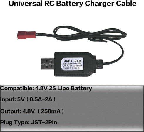 4.8V USB Charger Cable with JST 2 Pin Plug Compatible RC Car RC Plane RC Tank RC Boat and Other Remote Control Toys for Universal 4.8V Lipo Batter...