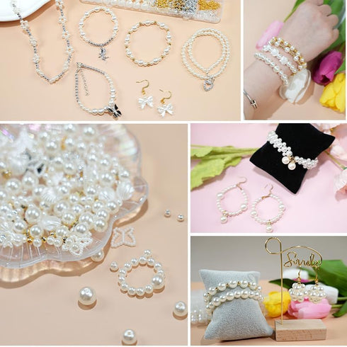 funluck Pearls Beads Kit with Hole-Jewelry Making Pearl Beads Supplies Including Gold&Sliver Beads-White Pearls for Crafting with Charms-Ideal for...