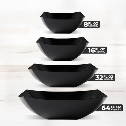 Posh Setting Square Plastic Serving Bowls, Medium Black Plastic Bowls for Salad, Disposable Serving Bowls for Party, Snack, Buffet, Chips, or Sala...