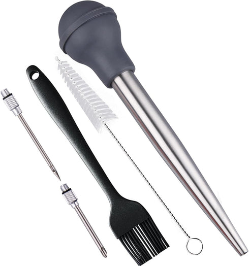Turkey Baster with Cleaning Brush &BBQ Brush&Marinade Needles, Baster Syringe for Cooking, Stainless Steel Turkey Baster with Silicone Bulb, Baste...