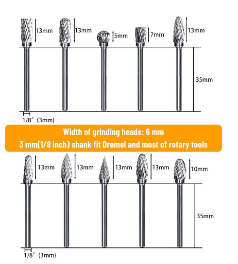 Double Cut Tungsten Carbide Carving Bits for Rotary Tool, 10 Pcs Rotary Burr Set with 1/8 inch Shank and 1/4 inch Grinding Head for DIY, Woodworki...