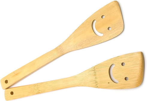 2-Piece 12-Inch Bamboo Smiley Face Wooden Spoons & Spatula Kitchen Cooking Tools for Nonstick Cookware and Wok...