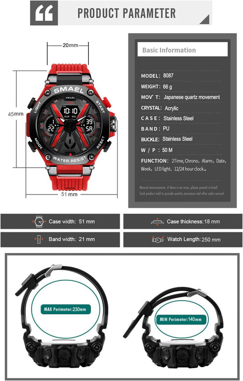 KXAITO Men's Watches Sports Outdoor Waterproof Military Watch Date Multi Function Tactics LED Face Alarm Stopwatch for men 8087...