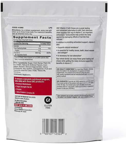 GNC Vitamin C Soft Chews 500mg, Orange, 60 Chews, Supports Natural Resistance...