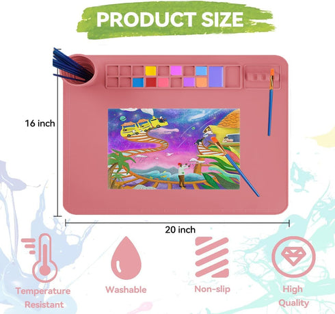Silicone Painting Mat with Cup and Palette Removable, 20"X16" Thick Silicone Art Mat for Craft with Raised Edge, Artist Creator Mat Silicone for R...