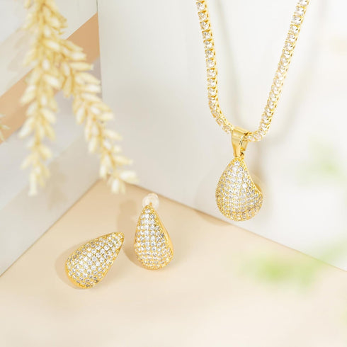 HZMAN Teardrop Earrings Necklace Jewelry Set for Women Bride Dainty 18K Gold White Plated Cubic Zirconia Stud Tearsdrop Earring Wedding Party Jewe...