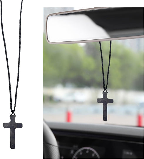 Natural Wooden Cross Pendant Necklaces, Adjustable Handcrafted Wooden Car Rearview Mirror Pendant, Universal Vehicle Rear View Mirror Decoration f...