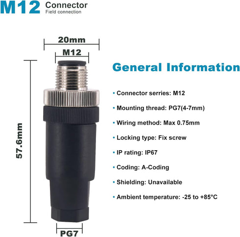 Aviation Connector Plugs,Lonlonty Ethernet M12 Connector Field Wireable IP67 Waterproof Straight 4 Pin A Code Unshield Male Plug for Cable AC 250V...