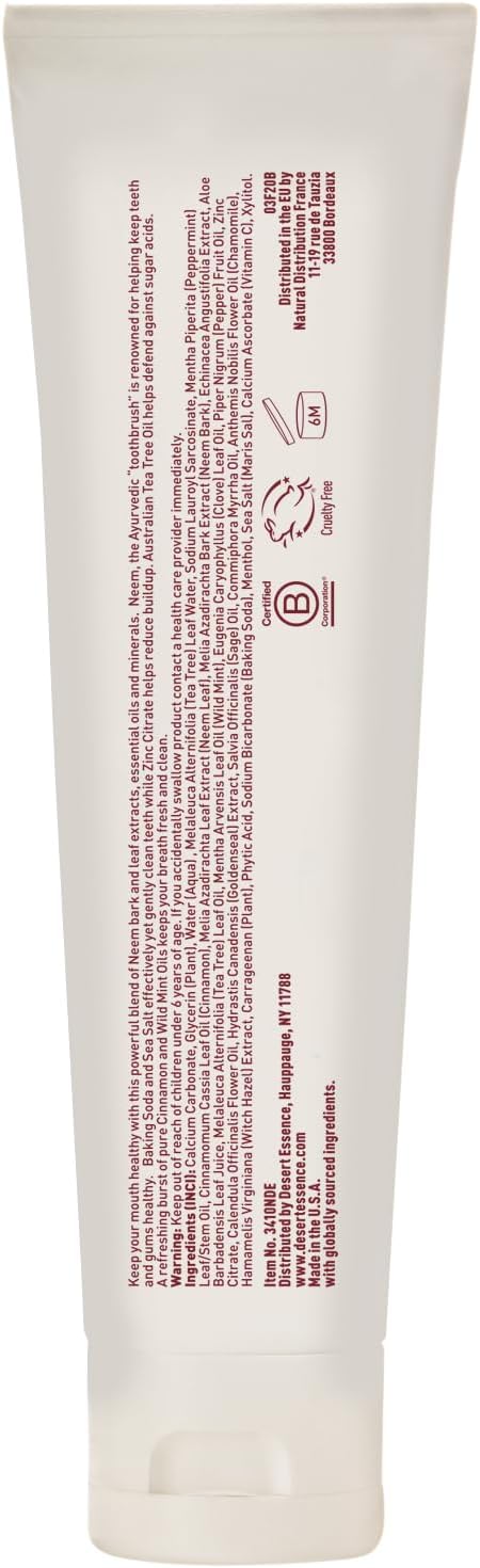Desert Essence Natural Neem Toothpaste - Cinnamint - 6.25 Oz - Pure Essential Oil - Baking Soda - Complete Oral Care - Sea Salt - Refreshing Taste...