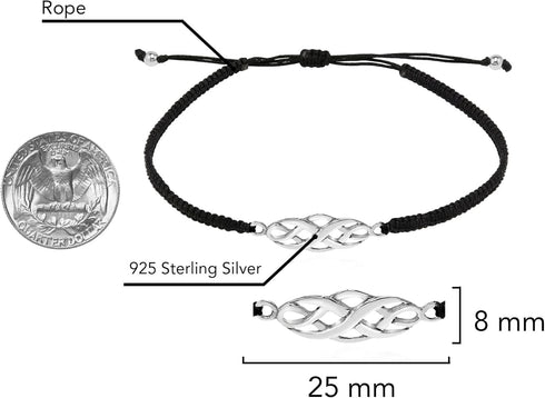 AeraVida Celtic Infinity Knot Rope Sterling Silver Charm on Black Adjustable Bracelet...