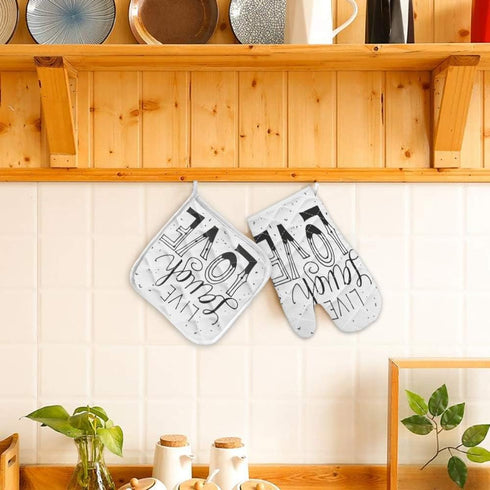 Set of Oven Mitt and Pot Holder Live Laugh Love Quote Oven Gloves Heat Resistance Non-Slip Surface for Kitchen BBQ Cooking Baking Grilling,Black W...