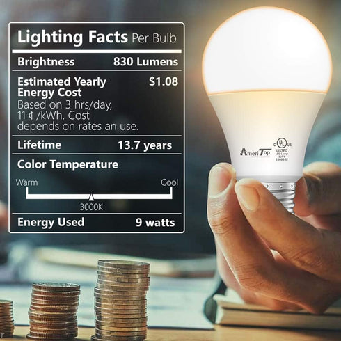 AmeriTop A19 LED Light Bulbs- 6 Pack, Efficient 9W(60W Equivalent) 830 Lumens General Lighting Bulbs, UL Listed, Non-Dimmable, E26 Standard Base (...