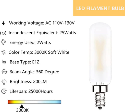 Dimmable T6 LED Bulb 25W Candelabra 2W E12 Edison Light Bulbs Soft White 3000K, T25 Mini Tubular Frosted Glass LED Filament Chandelier Light Bulbs...