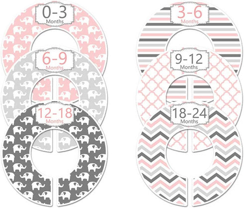 C97 Baby Closety Dividers Girl Pink Nursery Clothes Hanger Size Dividers Organizer Elephant Gray Set of 6...