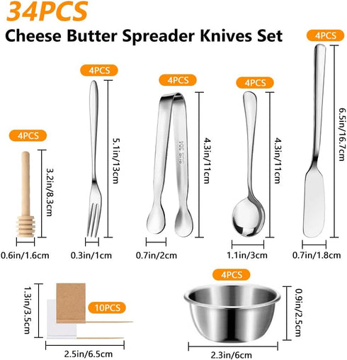 34PCS Cheese Butter Spreader Knives Set, Charcuterie Board Accessories, Charcuterie Boards Gift Set Stainless Steel Knife, Fork, Spoon, Tongs, Bow...