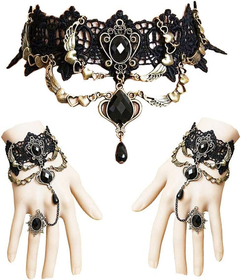 Lace Choker Necklace with Bracelet Set Punk Party Gothic Vintage Handmade Retro Victorian Vampire Punk Pendant Necklace Bracelet Wristband for Wom...