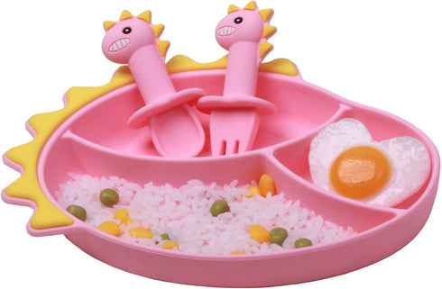Suction Plates for Baby,Silicone Toddler Plates with Spoon Fork set Divided Dinosaurs Plates Self Feeding Training Baby Dinner Plate-Pink Dinosaur...