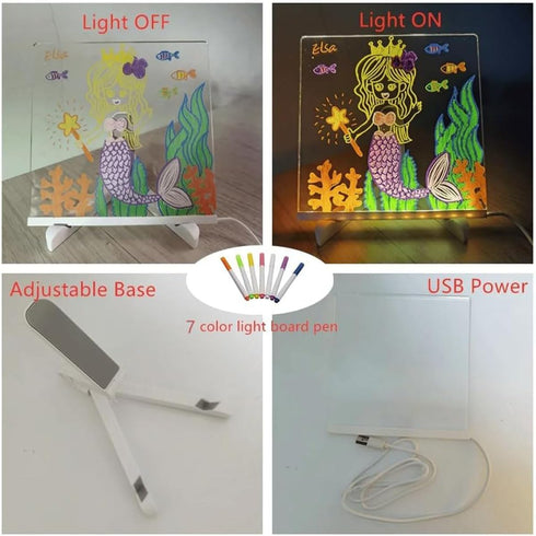 LYW Glowing Acrylic Marker Board, LED Note Board with Colors, Acrylic Dry Erase Board with 7 Color Pen Light Clear Desktop Note Memo Board, LED Le...