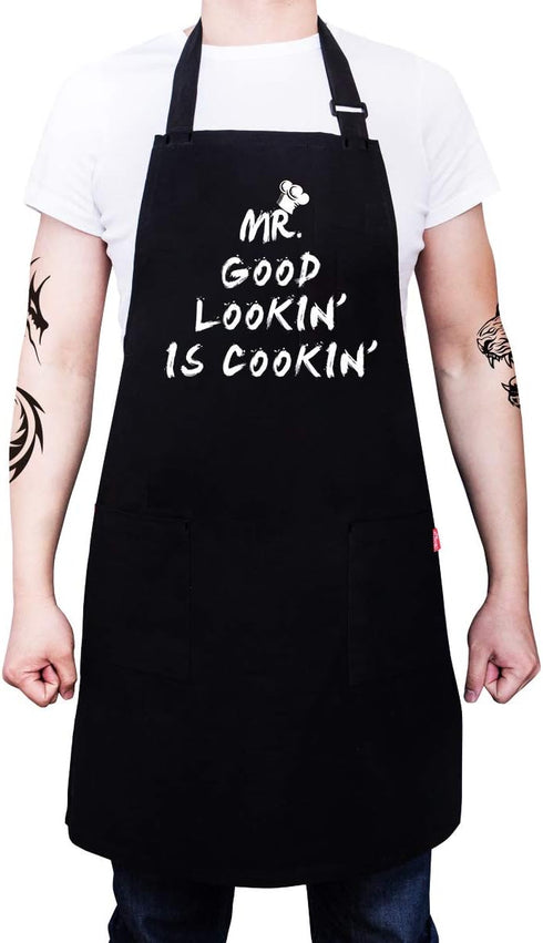 Kitchen Chef Apron - MR. GOOD LOOKIN' IS COOKIN' Funny Aprons for Men Dad - Adjustable Bib Apron with 2 Pockets and 40" Long Ties, Perfect for Coo...
