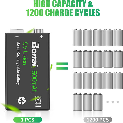 BONAI Rechargeable 9V Batteries 600mAh High Capacity 9V Rechargeable Batteries,(4 Pack) 9 Volt Lithium Batteries for Smoke Alarms Metal Detector e...