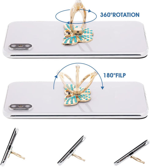 Cell Phone Ring Holder Stands, 4 Pcs Butterfly Phone Ring Holders with Rhinestones Glitter Butterfly Finger Kickstand Metal Hand Grip with Knob Lo...