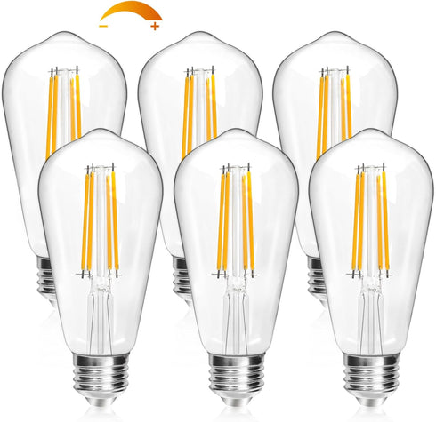 Dimmable Edison Light Bulbs 60 Watt Equivalent, 6W 800LM E26 Vintage LED Light Bulb, 2700K Soft Warm White, ST58 Antique LED Filament Bulbs for Be...