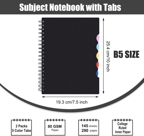 EOOUT 2 Pack Multi Subject Notebook, Spiral Notebook College Ruled with Tabs, 7.5”×10”, Lined Journals with Dividers, 290 Pages, for Gifts, School...