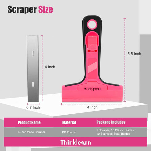Razor Blade Scraper Tool, 4" Razor Scraper with 20Pcs Replacement Blades, Pink Glass Scraper for Removing Decals, Tint, Stickers, Labels, Caulk, A...