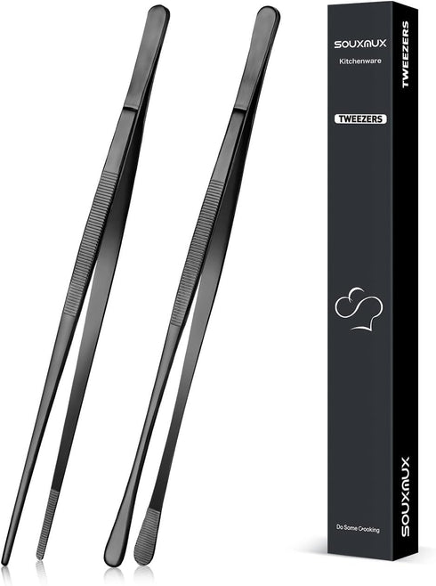 2 Pcs 10-inch Cooking Tweezers Tongs Precision Serrated Tips, Stainless Steel Professional Chef Tweezer Kitchen Tools for BBQ, Plating and Serving...