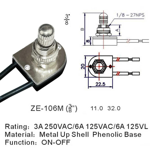 Rotary Switch Zing Ear ZE-106M 125VAC/6A 250VAC/3A 125VL/6A Two Wire Replaces 3/8" 90-501 80-1132 Turn Canopy Lights Lamps Thread Brass Knob On-Of...