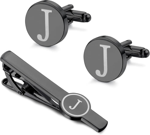 IRONBOX Initial Cufflinks and Tie Clip Set for Men Personalized Black Cuff Links and Tie Bar Letter Alphabet A-Z Gift with Box for Father Husband ...