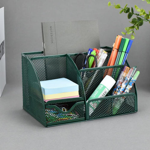 Green Desk Organizer Mesh Drawer Storage Accessories with 6 Compartments and Drawer, Desktop Caddy Storing Stationery Trinkets Cosmetics Jewelry E...