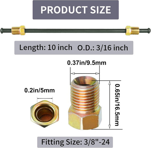 MuHize 3/16 Brake Lines - PVF Coated Brake Line with fittings, Brake Line Tubings with Bubble Flared Ends and Unions,10 Inches Inverted Bubble Fla...