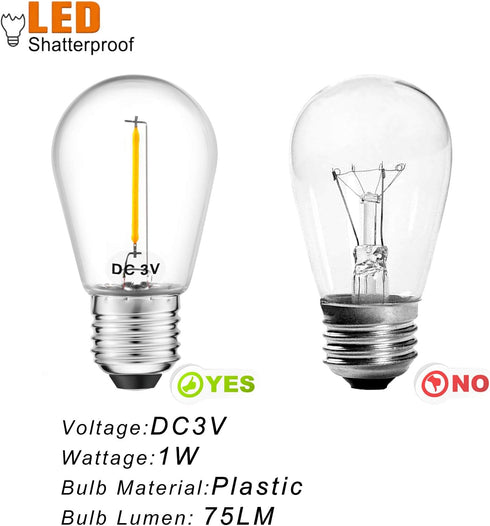 LED S14 Low Voltage (DC 3V) Replacement Bulbs with E26 Base for Outdoor Solar String Lights, 15 Pack, Clear...