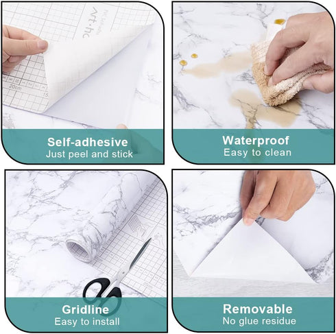 Arthome Marble Paper,17x78.7 inch Self Adhesive Wallpaper Waterproof Gloss PVC Vinyl, Oil Proof,White/Gray Granite Paper,Marble Vinyl Paper for Fu...