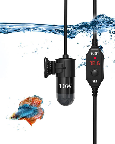 Submersible Aquarium Heater 10W, for 1-2 Gallon Tank, Adjustable for Fish Turtle Tank, with Built-in Digital Display Thermometer, USB 5V 2A Powere...