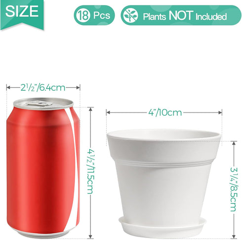 T4U 4 Inch Plant Pots 18-Pack - Small Plastic Planter with Drainage Hole and Saucer, Decorative Nursery Flower Pot Bulk for African Violet, Snake ...